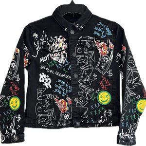 Waimea New York Black Painted Denim Jacket, Money Gothic Emo Grunge, Youth L